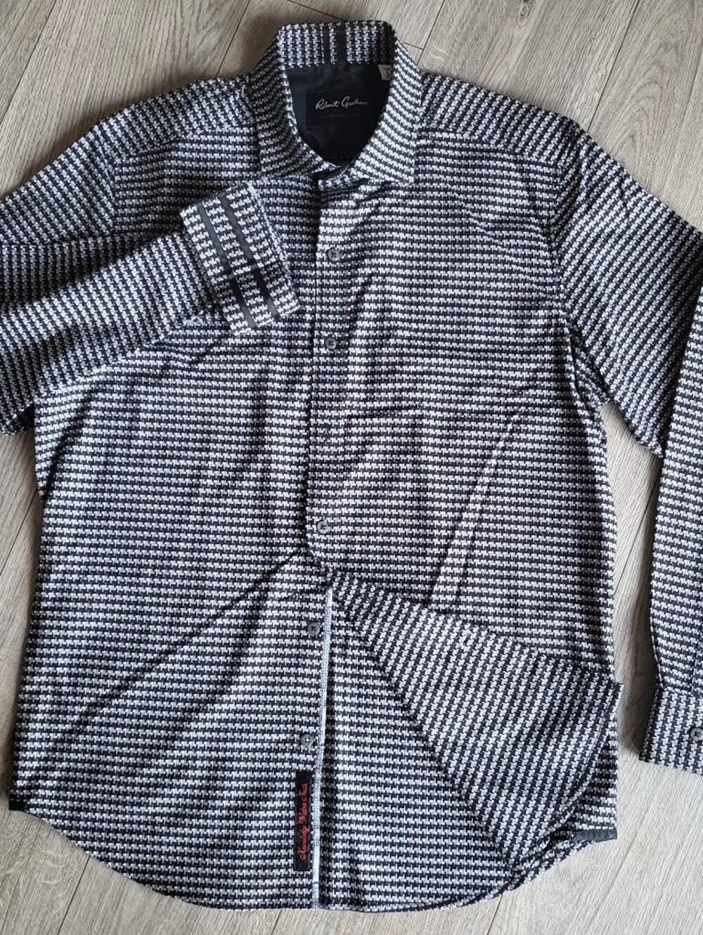Robert Graham Mens L Dress Shirt Black Gray White Checkered Pattern Woven Cotton